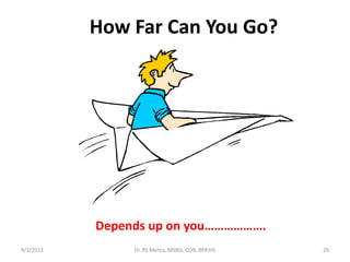 How Far Can You Go?
Depends up on you……………….
9/1/2013 29Dr. RS Mehta, MSND, CON, BPKIHS
 