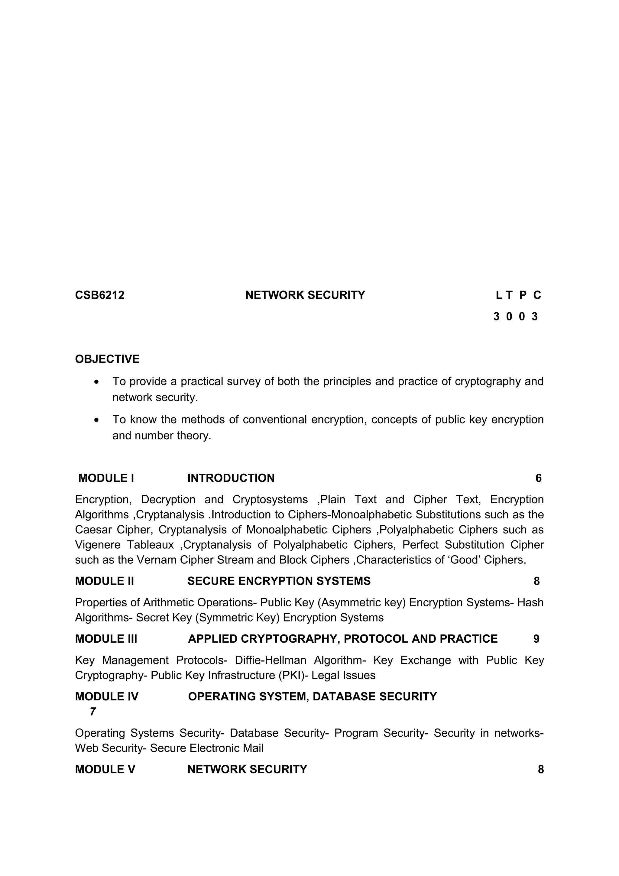 CSB6212 NETWORK SECURITY L T P C
3 0 0 3
OBJECTIVE
• To provide a practical survey of both the principles and practice of cryptography and
network security.
• To know the methods of conventional encryption, concepts of public key encryption
and number theory.
MODULE I INTRODUCTION 6
Encryption, Decryption and Cryptosystems ,Plain Text and Cipher Text, Encryption
Algorithms ,Cryptanalysis .Introduction to Ciphers-Monoalphabetic Substitutions such as the
Caesar Cipher, Cryptanalysis of Monoalphabetic Ciphers ,Polyalphabetic Ciphers such as
Vigenere Tableaux ,Cryptanalysis of Polyalphabetic Ciphers, Perfect Substitution Cipher
such as the Vernam Cipher Stream and Block Ciphers ,Characteristics of ‘Good’ Ciphers.
MODULE II SECURE ENCRYPTION SYSTEMS 8
Properties of Arithmetic Operations- Public Key (Asymmetric key) Encryption Systems- Hash
Algorithms- Secret Key (Symmetric Key) Encryption Systems
MODULE III APPLIED CRYPTOGRAPHY, PROTOCOL AND PRACTICE 9
Key Management Protocols- Diffie-Hellman Algorithm- Key Exchange with Public Key
Cryptography- Public Key Infrastructure (PKI)- Legal Issues
MODULE IV OPERATING SYSTEM, DATABASE SECURITY
7
Operating Systems Security- Database Security- Program Security- Security in networks-
Web Security- Secure Electronic Mail
MODULE V NETWORK SECURITY 8
 