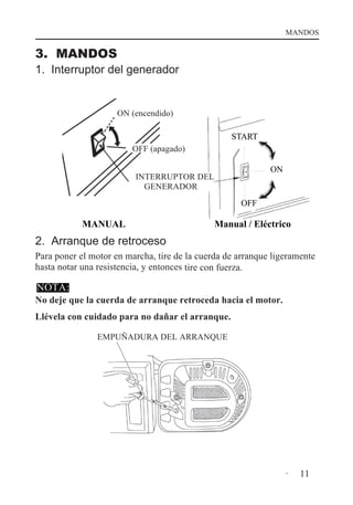 MANDOS

3. MANDOS
1. Interruptor del generador

ON (encendido)

START
OFF (apagado)

ON

INTERRUPTOR DEL
GENERADOR

OFF

MANUAL

Manual / Eléctrico

2. Arranque de retroceso
Para poner el motor en marcha, tire de la cuerda de arranque ligeramente
hasta notar una resistencia, y entonces tire con fuerza.

NOTA:

No deje que la cuerda de arranque retroceda hacia el motor.
Llévela con cuidado para no dañar el arranque.
EMPUÑADURA DEL ARRANQUE

·
·

11

 