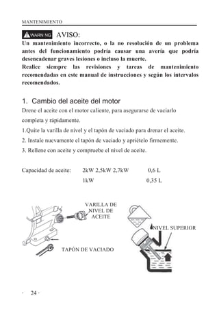 MANTENIMIENTO
WARNING

AVISO:

Un mantenimiento incorrecto, o la no resolución de un problema
antes del funcionamiento podría causar una avería que podría
desencadenar graves lesiones o incluso la muerte.
Realice siempre las revisiones y tareas de mantenimiento
recomendadas en este manual de instrucciones y según los intervalos
recomendados.

1. Cambio del aceite del motor
Drene el aceite con el motor caliente, para asegurarse de vaciarlo
completa y rápidamente.
1.Quite la varilla de nivel y el tapón de vaciado para drenar el aceite.
2. Instale nuevamente el tapón de vaciado y apriételo firmemente.
3. Rellene con aceite y compruebe el nivel de aceite.
Capacidad de aceite:

2kW 2,5kW 2,7kW

0,6 L

1kW

0,35 L

VARILLA DE
NIVEL DE
ACEITE
NIVEL SUPERIOR

TAPÓN DE VACIADO

·

24 ·

 