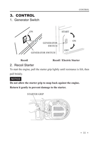 CONTROL

3. CONTROL

1. Generator Switch
ON

START

OFF

ON

GENERATOR
SWITCH

GENERATOR SWITCH

Recoil

OFF

Recoil / Electric Starter

2. Recoil Starter
To start the engine, pull the starter grip lightly until resistance is felt, then
pull briskly.
Do not allow the starter grip to snap back against the engine.
Return it gently to prevent damage to the starter.
STARTER GRIP

· 11 ·

 