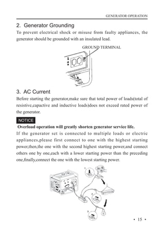 GENERATOR OPERATION

2. Generator Grounding
To prevent electrical shock or misuse from faulty appliances, the
generator should be grounded with an insulated lead.
GROUND TERMINAL

3. AC Current
Before starting the generator,make sure that total power of loads(total of
resistive,capactive and inductive loads)does not exceed rated power of
the generator.
Overload operation will greatly shorten generator service life.
If the generator set is connected to multiple loads or electric
appliances,please first connect to one with the highest starting
power,then,the one with the second highest starting power,and connect
others one by one,each with a lower starting power than the preceding
one,finally,connect the one with the lowest starting power.

· 15 ·

 