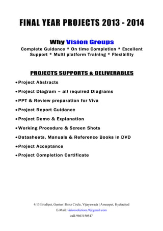 Vision Groups

9603150547
visionsolutions.9@gmail.com

E.E.E YEAR PROJECTS 2013 - 2014
FINAL MATLAB PROJECTS, IEEE 2013 PROJECT TITLES

Why Vision Groups
Complete Guidance * On time Completion * Excellent
Support * Multi platform Training * Flexibility

PROJECTS SUPPORTS & DELIVERABLES
• Project Abstracts
• Project Diagram – all required Diagrams
• PPT & Review preparation for Viva
• Project Report Guidance
• Project Demo & Explanation
• Working Procedure & Screen Shots
• Datasheets, Manuals & Reference Books in DVD
• Project Acceptance
• Project Completion Certificate

4/13 Brodipet, Guntur | Benz Circle, Vijayawada | Ameerpet, Hyderabad
E-Mail: visionsolutions.9@gmail.com
call-9603150547

 