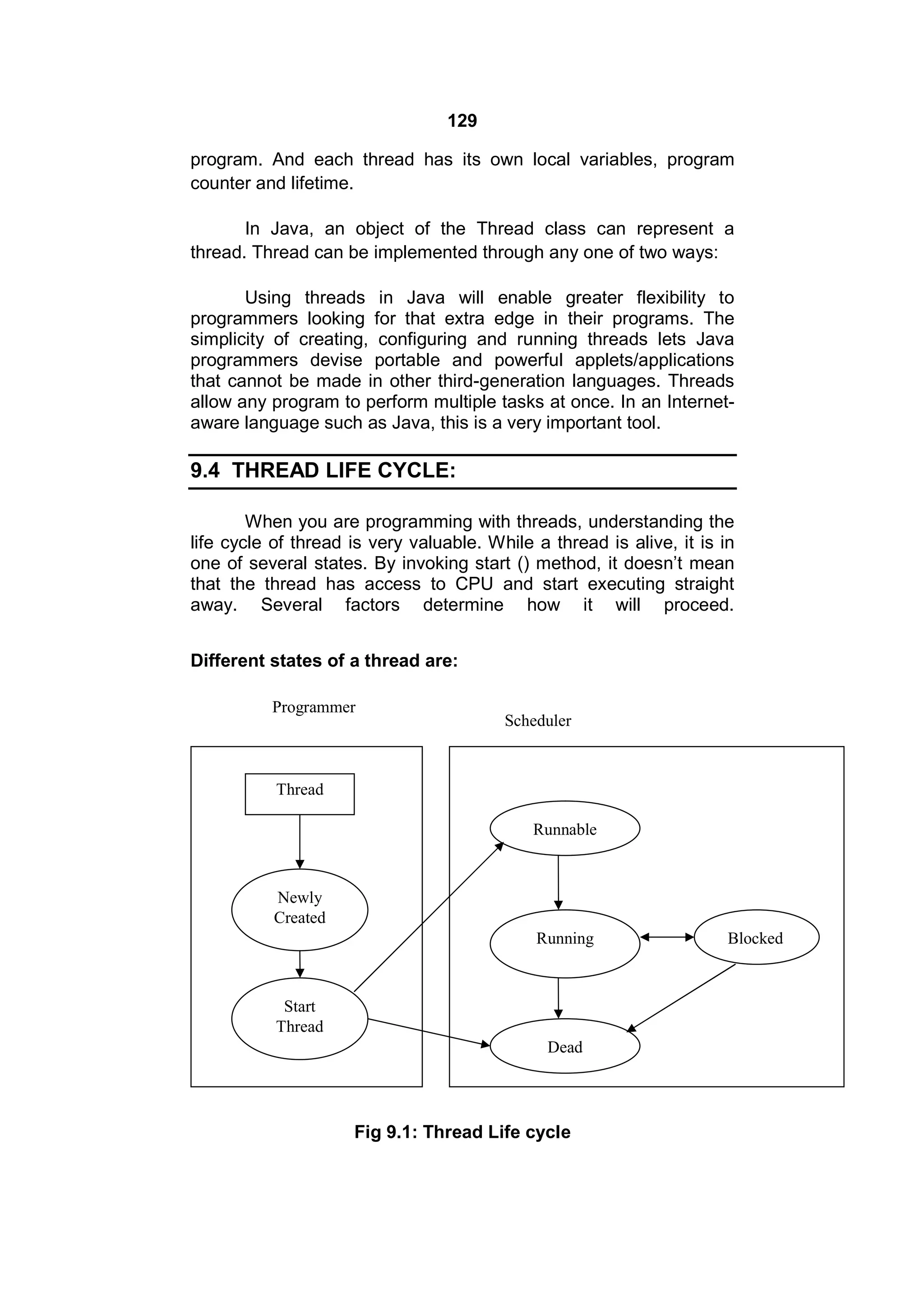 129
program. And each thread has its own local variables, program
counter and lifetime.
In Java, an object of the Thread class can represent a
thread. Thread can be implemented through any one of two ways:
Using threads in Java will enable greater flexibility to
programmers looking for that extra edge in their programs. The
simplicity of creating, configuring and running threads lets Java
programmers devise portable and powerful applets/applications
that cannot be made in other third-generation languages. Threads
allow any program to perform multiple tasks at once. In an Internetaware language such as Java, this is a very important tool.

9.4 THREAD LIFE CYCLE:
When you are programming with threads, understanding the
life cycle of thread is very valuable. While a thread is alive, it is in
one of several states. By invoking start () method, it doesn’t mean
that the thread has access to CPU and start executing straight
away. Several factors determine how it will proceed.
Different states of a thread are:
Programmer

Scheduler

Thread
Runnable

Newly
Created
Running

Start
Thread
Dead

Fig 9.1: Thread Life cycle

Blocked

 