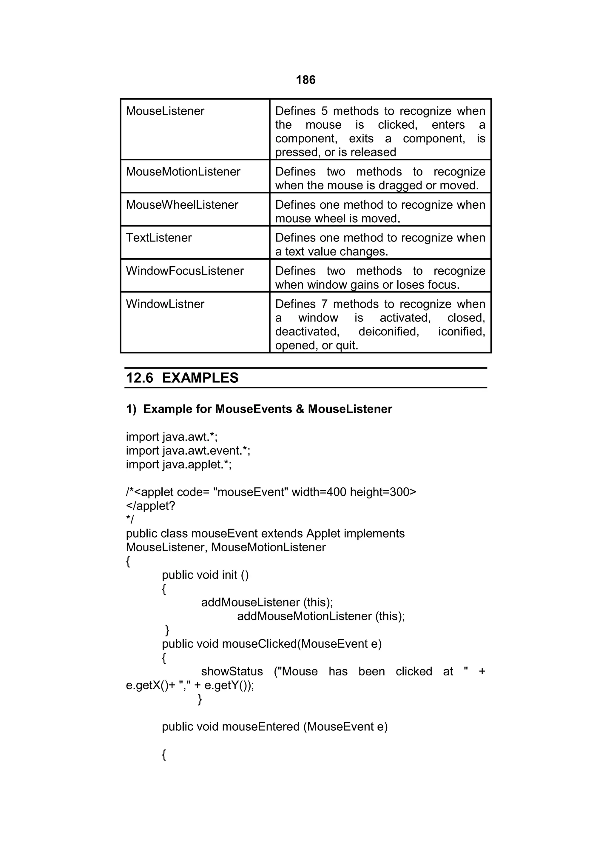 186
MouseListener

Defines 5 methods to recognize when
the mouse is clicked, enters a
component, exits a component, is
pressed, or is released

MouseMotionListener

Defines two methods to recognize
when the mouse is dragged or moved.

MouseWheelListener

Defines one method to recognize when
mouse wheel is moved.

TextListener

Defines one method to recognize when
a text value changes.

WindowFocusListener

Defines two methods to recognize
when window gains or loses focus.

WindowListner

Defines 7 methods to recognize when
a window is activated, closed,
deactivated,
deiconified,
iconified,
opened, or quit.

12.6 EXAMPLES
1) Example for MouseEvents & MouseListener
import java.awt.*;
import java.awt.event.*;
import java.applet.*;
/*<applet code= "mouseEvent" width=400 height=300>
</applet?
*/
public class mouseEvent extends Applet implements
MouseListener, MouseMotionListener
{
public void init ()
{
addMouseListener (this);
addMouseMotionListener (this);
}
public void mouseClicked(MouseEvent e)
{
showStatus ("Mouse has been clicked at " +
e.getX()+ "," + e.getY());
}
public void mouseEntered (MouseEvent e)
{

 