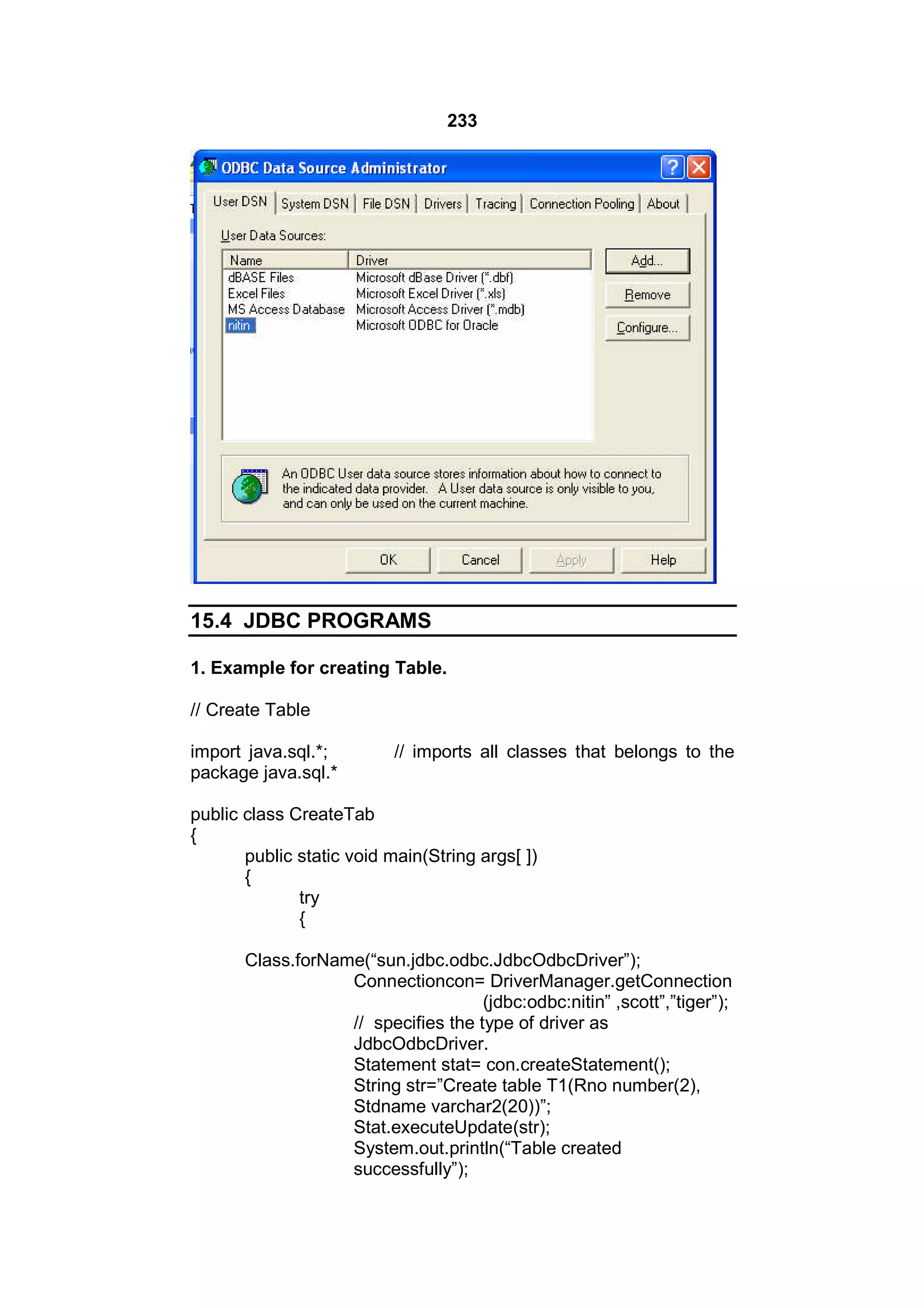 233

15.4 JDBC PROGRAMS
1. Example for creating Table.
// Create Table
import java.sql.*;
package java.sql.*

// imports all classes that belongs to the

public class CreateTab
{
public static void main(String args[ ])
{
try
{
Class.forName(“sun.jdbc.odbc.JdbcOdbcDriver”);
Connectioncon= DriverManager.getConnection
(jdbc:odbc:nitin” ,scott”,”tiger”);
// specifies the type of driver as
JdbcOdbcDriver.
Statement stat= con.createStatement();
String str=”Create table T1(Rno number(2),
Stdname varchar2(20))”;
Stat.executeUpdate(str);
System.out.println(“Table created
successfully”);

 