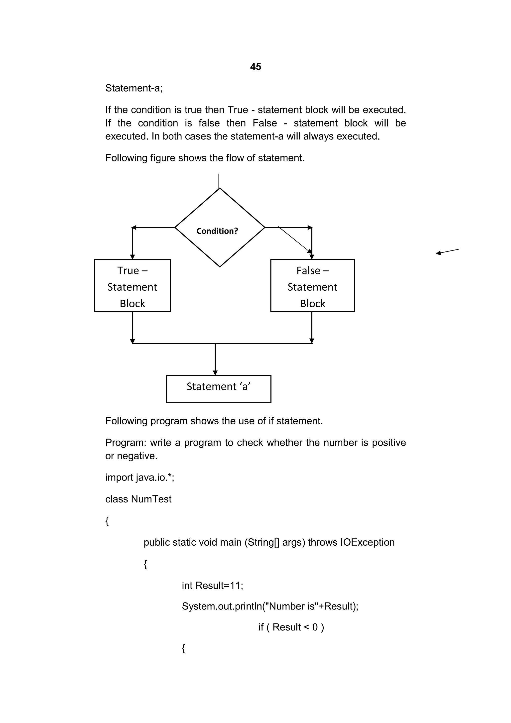 45
Statement-a;
If the condition is true then True - statement block will be executed.
If the condition is false then False - statement block will be
executed. In both cases the statement-a will always executed.
Following figure shows the flow of statement.

Condition?

True –
Statement
Block

False –
Statement
Block

Statement ‘a’
Following program shows the use of if statement.
Program: write a program to check whether the number is positive
or negative.
import java.io.*;
class NumTest
{
public static void main (String[] args) throws IOException
{
int Result=11;
System.out.println("Number is"+Result);
if ( Result < 0 )
{

 