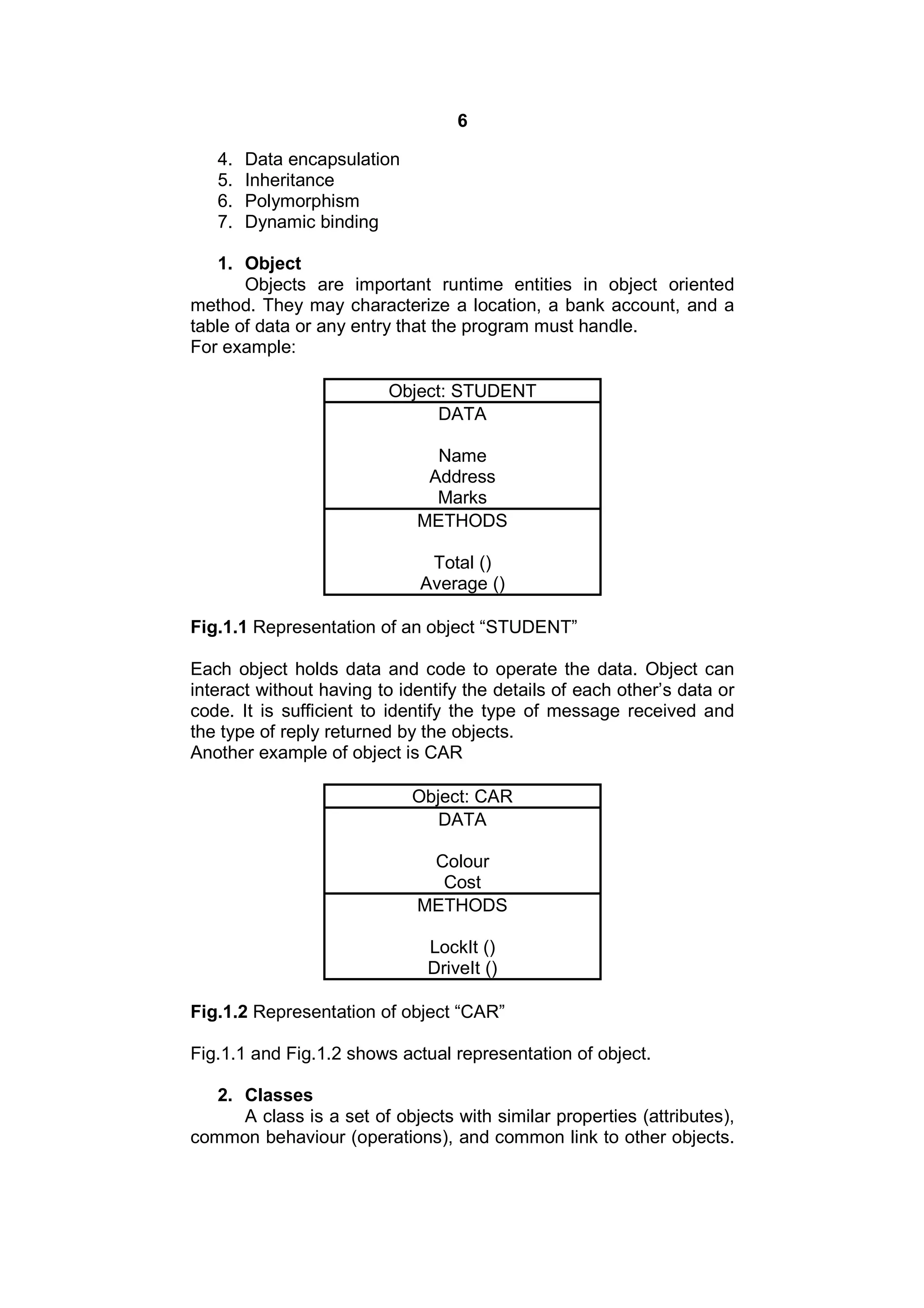 6
4.
5.
6.
7.

Data encapsulation
Inheritance
Polymorphism
Dynamic binding

1. Object
Objects are important runtime entities in object oriented
method. They may characterize a location, a bank account, and a
table of data or any entry that the program must handle.
For example:
Object: STUDENT
DATA
Name
Address
Marks
METHODS
Total ()
Average ()
Fig.1.1 Representation of an object “STUDENT”
Each object holds data and code to operate the data. Object can
interact without having to identify the details of each other’s data or
code. It is sufficient to identify the type of message received and
the type of reply returned by the objects.
Another example of object is CAR
Object: CAR
DATA
Colour
Cost
METHODS
LockIt ()
DriveIt ()
Fig.1.2 Representation of object “CAR”
Fig.1.1 and Fig.1.2 shows actual representation of object.
2. Classes
A class is a set of objects with similar properties (attributes),
common behaviour (operations), and common link to other objects.

 