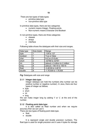 19
There are two types of data types
 primitive data type
 non-pimitive data type
In primitive data types, there are two categories
 numeric means Integer, Floating points
 Non-numeric means Character and Boolean
In non-pimitive types, there are three categories
 classes
 arrays
 interface

Following table shows the datatypes with their size and ranges.
Data type
byte
boolean
char
short
Int
long
float
double

Size (byte)
1
1
2
2
4
8
4
8

Range
-128 to 127
True or false
A-Z,a-z,0-9,etc.
-32768 to 32767
(about) -2 million to 2 million
(about) -10E18 to 10E18
-3.4E38 to 3.4E18
-1.7E308 to 1.7E308

Fig: Datatypes with size and range
2.1.1 Integer data type:
Integer datatype can hold the numbers (the number can be
positive number or negative number). In Java, there are four
types of integer as follows:
 byte
 short
 int
 long
We can make ineger long by adding ‘l’ or ‘L’ at the end of the
number.
2.1.2 Floating point data type:
It is also called as Real number and when we require
accuracy then we can use it.
There are two types of floating point data type.
 float
 double
It is represent single and double precision numbers. The
float type is used for single precision and it uses 4 bytes for storage

 