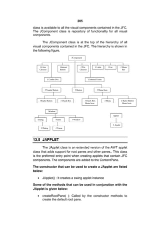 205
class is available to all the visual components contained in the JFC.
The JComponent class is repository of functionality for all visual
components.
The JComponent class is at the top of the hierarchy of all
visual components contained in the JFC. The hierarchy is shown in
the following figure.
JComponent

J Color
Chooser

Abstract
Button

J File
Chooser

J Combo Box

J Menu
Bar

J List

J Internal Frame

J Toggle Button

J Radio Button

J Lable

J Button

J Menu Item

J Check Box
Menu Item

J Check Box

J Radio Button
Menu Item

J Menu

Window
Applet
Dialog

Frame

J Window
J Applet

J Dialog

J Frame

13.5 JAPPLET
The JApplet class is an extended version of the AWT applet
class that adds support for root panes and other panes.. This class
is the preferred entry point when creating applets that contain JFC
components. The components are added to the ContentPane.
The constructor that can be used to create a JApplet are listed
below:


JApplet() : It creates a swing applet instance

Some of the methods that can be used in conjunction with the
JApplet is given below:


createRootPane( ): Called by the constructor methods to
create the default root pane.

 