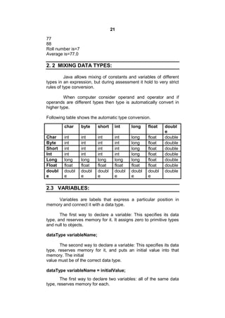 21
77
88
Roll number is=7
Average is=77.0

2. 2 MIXING DATA TYPES:
Java allows mixing of constants and variables of different
types in an expression, but during assessment it hold to very strict
rules of type conversion.
When computer consider operand and operator and if
operands are different types then type is automatically convert in
higher type.
Following table shows the automatic type conversion.
char
Char
Byte
Short
Int
Long
Float
doubl
e

byte

short

int

long

float

int
int
int
int
long
float
doubl
e

int
int
int
int
long
float
doubl
e

int
int
int
int
long
float
doubl
e

int
int
int
int
long
float
doubl
e

long
long
long
long
long
float
doubl
e

float
float
float
float
float
float
doubl
e

doubl
e
double
double
double
double
double
double
double

2.3 VARIABLES:
Variables are labels that express a particular position in
memory and connect it with a data type.
The first way to declare a variable: This specifies its data
type, and reserves memory for it. It assigns zero to primitive types
and null to objects.
dataType variableName;
The second way to declare a variable: This specifies its data
type, reserves memory for it, and puts an initial value into that
memory. The initial
value must be of the correct data type.
dataType variableName = initialValue;
The first way to declare two variables: all of the same data
type, reserves memory for each.

 