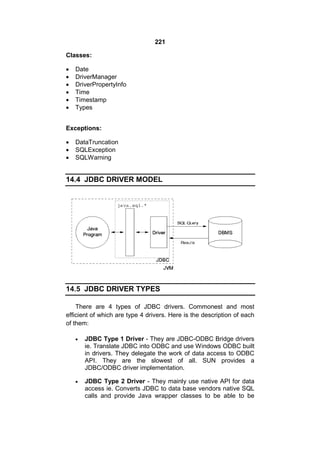 221
Classes:







Date
DriverManager
DriverPropertyInfo
Time
Timestamp
Types

Exceptions:




DataTruncation
SQLException
SQLWarning

14.4 JDBC DRIVER MODEL

14.5 JDBC DRIVER TYPES
There are 4 types of JDBC drivers. Commonest and most
efficient of which are type 4 drivers. Here is the description of each
of them:


JDBC Type 1 Driver - They are JDBC-ODBC Bridge drivers
ie. Translate JDBC into ODBC and use Windows ODBC built
in drivers. They delegate the work of data access to ODBC
API. They are the slowest of all. SUN provides a
JDBC/ODBC driver implementation.



JDBC Type 2 Driver - They mainly use native API for data
access ie. Converts JDBC to data base vendors native SQL
calls and provide Java wrapper classes to be able to be

 