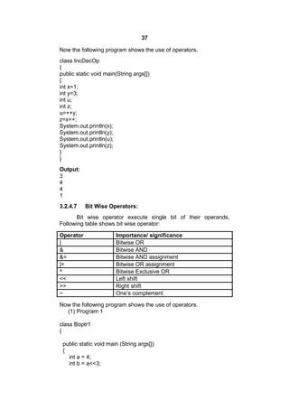 37
Now the following program shows the use of operators.
class IncDecOp
{
public static void main(String args[])
{
int x=1;
int y=3;
int u;
int z;
u=++y;
z=x++;
System.out.println(x);
System.out.println(y);
System.out.println(u);
System.out.println(z);
}
}
Output:
3
4
4
1
3.2.4.7

Bit Wise Operators:

Bit wise operator execute single bit of their operands.
Following table shows bit wise operator:
Operator
|
&
&=
|=
^
<<
>>
~

Importance/ significance
Bitwise OR
Bitwise AND
Bitwise AND assignment
Bitwise OR assignment
Bitwise Exclusive OR
Left shift
Right shift
One’s complement

Now the following program shows the use of operators.
(1) Program 1
class Boptr1
{
public static void main (String args[])
{
int a = 4;
int b = a<<3;

 
