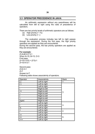 39

3.3 OPERATOR PRECEDENCE IN JAVA:
An arithmetic expression without any parentheses will be
calculated from left to right using the rules of precedence of
operators.
There are two priority levels of arithmetic operators are as follows:
(a) High priority (* / %)
(b) Low priority (+ -)
The evaluation process includes two left to right passes
through the expression. During the first pass, the high priority
operators are applied as they are encountered.
During the second pass, the low priority operators are applied as
they are encountered.
For example:
Z=A-B/3+C*3-1
When A=10, B=13, C=3
First pass:
Z=10-(13/3) + (3*3)-1
Z=10-4+3-1
Second pass:
Z=6+3-1
Z=7
Answer is=7
Following table shows associativity of operators.
Operator
[]
()
.
++
-!
~
(type)
*
/
%
+
<<
>>
>>>

Associativity
Left to right
Left to right
Left to right
Right to left
Right to left
Right to left
Right to left
Right to left
Right to left
Left to right
Left to right
Left to right
Left to right
Left to right
Left to right
Left to right
Left to right

Rank
1

3

3
4
5

 