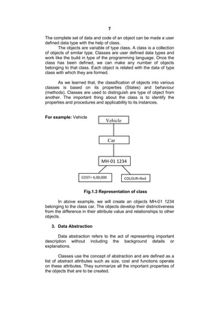 7
The complete set of data and code of an object can be made a user
defined data type with the help of class.
The objects are variable of type class. A class is a collection
of objects of similar type. Classes are user defined data types and
work like the build in type of the programming language. Once the
class has been defined, we can make any number of objects
belonging to that class. Each object is related with the data of type
class with which they are formed.
As we learned that, the classification of objects into various
classes is based on its properties (States) and behaviour
(methods). Classes are used to distinguish are type of object from
another. The important thing about the class is to identify the
properties and procedures and applicability to its instances.

For example: Vehicle

Vehicle

Car

MH-01 1234
COST= 4,00,000

COLOUR=Red

Fig.1.3 Representation of class
In above example, we will create an objects MH-01 1234
belonging to the class car. The objects develop their distinctiveness
from the difference in their attribute value and relationships to other
objects.
3. Data Abstraction
Data abstraction refers to the act of representing important
description without including the background details or
explanations.
Classes use the concept of abstraction and are defined as a
list of abstract attributes such as size, cost and functions operate
on these attributes. They summarize all the important properties of
the objects that are to be created.

 