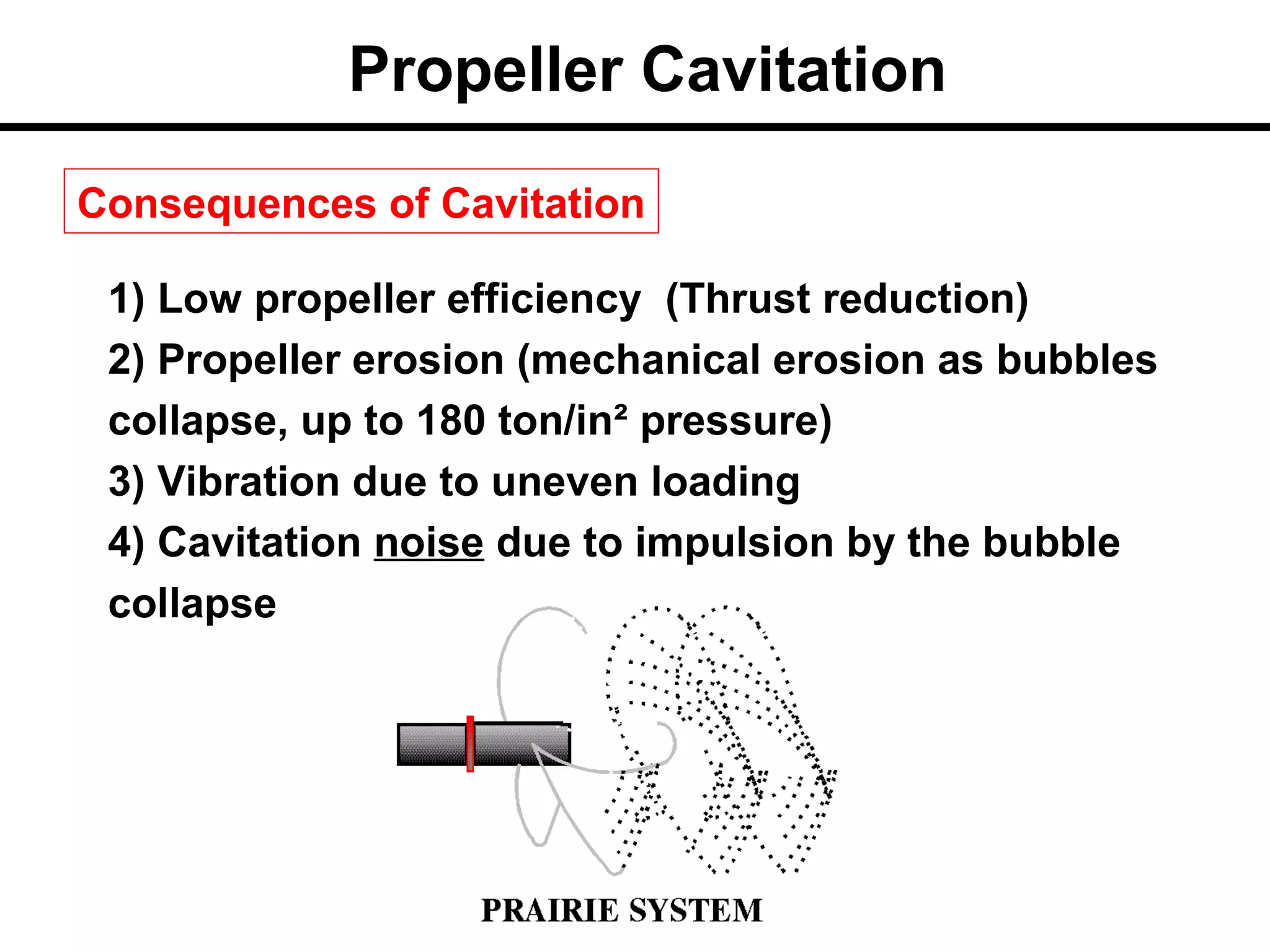 Propeller Cavitation
Consequences of Cavitation

 1) Low propeller efficiency (Thrust reduction)
 2) Propeller erosion (mechanical erosion as bubbles
 collapse, up to 180 ton/in² pressure)
 3) Vibration due to uneven loading
 4) Cavitation noise due to impulsion by the bubble
 collapse
 