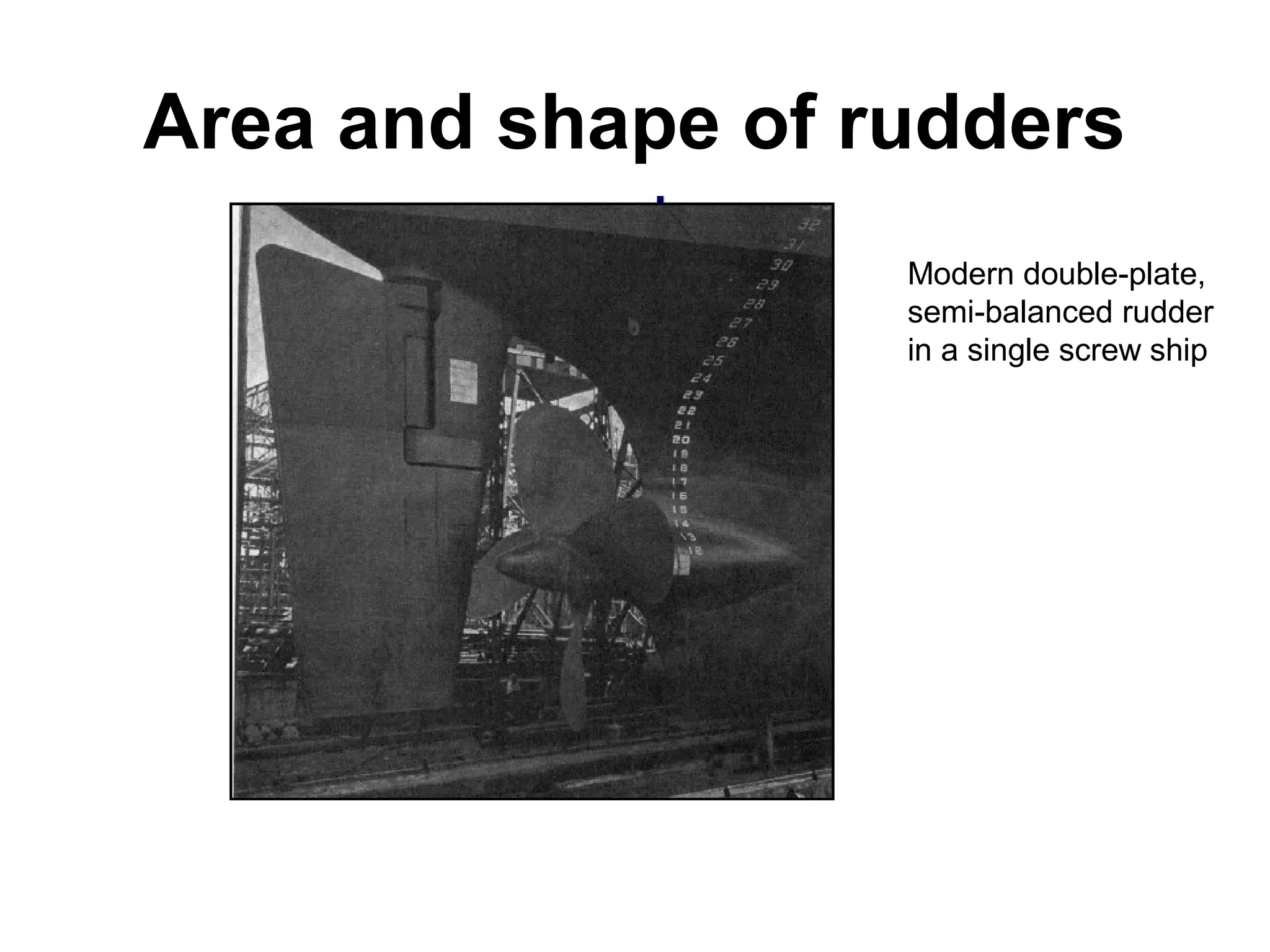 Area and shape of rudders
                   Modern double-plate,
                   semi-balanced rudder
                   in a single screw ship
 