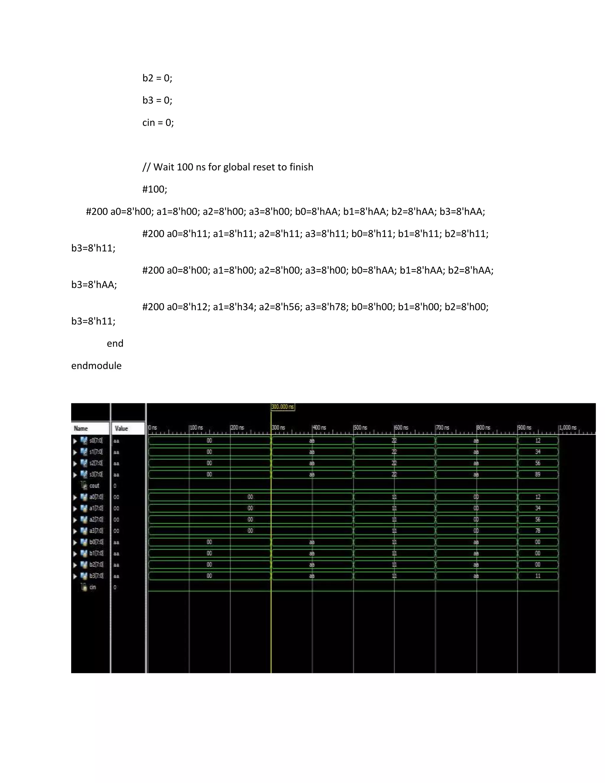 b2 = 0;
b3 = 0;
cin = 0;

// Wait 100 ns for global reset to finish
#100;
#200 a0=8'h00; a1=8'h00; a2=8'h00; a3=8'h00; b0=8'hAA; b1=8'hAA; b2=8'hAA; b3=8'hAA;
#200 a0=8'h11; a1=8'h11; a2=8'h11; a3=8'h11; b0=8'h11; b1=8'h11; b2=8'h11;
b3=8'h11;
#200 a0=8'h00; a1=8'h00; a2=8'h00; a3=8'h00; b0=8'hAA; b1=8'hAA; b2=8'hAA;
b3=8'hAA;
#200 a0=8'h12; a1=8'h34; a2=8'h56; a3=8'h78; b0=8'h00; b1=8'h00; b2=8'h00;
b3=8'h11;
end
endmodule

 
