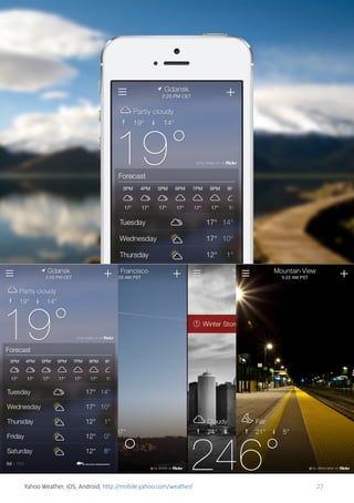 Yahoo Weather, iOS, Android, http://mobile.yahoo.com/weather/

27

 