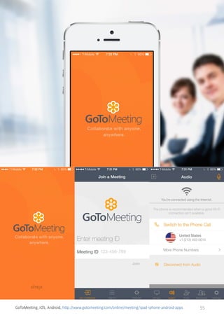 GoToMeeting, iOS, Android, http://www.gotomeeting.com/online/meeting/ipad-iphone-android-apps

55

 