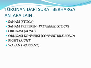 TURUNAN DARI SURAT BERHARGA
ANTARA LAIN :
 SAHAM (STOCK)
 SAHAM PREFEREN (PREFERRED STOCK)
 OBLIGASI (BOND)
 OBLIGASI KONVERSI (CONVERTIBLE BOND)
 RIGHT (RIGHT)
 WARAN (WARRANT)
 