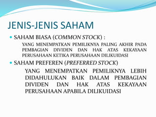 JENIS-JENIS SAHAM
 SAHAM BIASA (COMMON STOCK) :
YANG MENEMPATKAN PEMILIKNYA PALING AKHIR PADA
PEMBAGIAN DIVIDEN DAN HAK ATAS KEKAYAAN
PERUSAHAAN KETIKA PERUSAHAAN DILIKUIDASI
 SAHAM PREFEREN (PREFERRED STOCK)
YANG MENEMPATKAN PEMILIKNYA LEBIH
DIDAHULUKAN BAIK DALAM PEMBAGIAN
DIVIDEN DAN HAK ATAS KEKAYAAN
PERUSAHAAN APABILA DILIKUIDASI
 