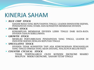 KINERJA SAHAM
 BLUE CHIP STOCK
SAHAM BIASA YANG REPUTASINYA TINGGI, LEADER DIINDUSTRI SEJENIS,
PENDAPATAN YANG STABIL DAN KONSISTEN MEMBAYAR DIVIDEN
 INCOME STOCK
KEMAMPUAN MEMBAYAR DIVIDEN LEBIH TINGGI DARI RATA-RATA
DIVIDEN TAHUN SEBELUMNYA
 GROWTH STOCK
MEMILIKI PERTUMBUHAN PENDAPATAN YANG TINGGI, LEADER DI
INDUSTRI SEJENIS DENGAN REPUTASI TINGGI
 SPECULATIVE STOCK
DIVIDEN TIDAK KONSISTEN TAPI ADA KEMUNGKINAN PENGHASILAN
YANG TINGGI DIMASA YANG AKAN DATANG, WALAUPUN BELUM PASTI
 COUNTER CYCLICAL STOCK
TIDAK TERPENGARUH OLEH KONDISI EKONOMI MAKRO
MAUPUN MIKRO EKONOMI, SAHAM TETAP TINGGI
 