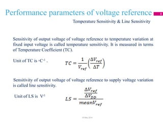 Performance parameters of voltage reference 8
Sensitivity of output voltage of voltage reference to temperature variation at
fixed input voltage is called temperature sensitivity. It is measured in terms
of Temperature Coefficient (TC).
Unit of TC is ◦C-1 .
Sensitivity of output voltage of voltage reference to supply voltage variation
is called line sensitivity.
Unit of LS is V-1
Temperature Sensitivity & Line Sensitivity
18 May 2014
 