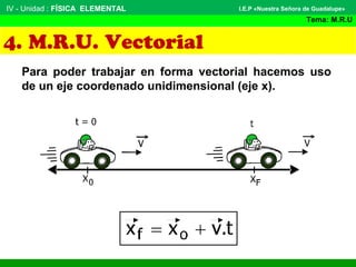 4. M.R.U. Vectorial
IV - Unidad : FÍSICA ELEMENTAL
Tema: M.R.U
I.E.P «Nuestra Señora de Guadalupe»
Para poder trabajar en forma vectorial hacemos uso
de un eje coordenado unidimensional (eje x).
 
