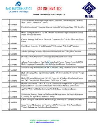 CONTACT: Mahesh Pala (+91 – 9603999243)
MAIL ID: sakinformatics@gmail.com
SAK INFORMATICS
POWER ELECTRONICS 2014-15 Project List
39 SAKPE39
Active Harmonic Filtering Using Current-Controlled, Grid-Connected DG Units
With Closed-Loop Power Control
2014-2015
40 SAKPE40
Ultraflat Interleaved Triangular Current Mode (TCM) Single-Phase PFC Rectifier
2014-2015
41 SAKPE41
Direct Voltage Control of DC–DC Boost Converters Using Enumeration-Based
Model Predictive Control
2014-2015
42 SAKPE42
Control Strategy for Current Harmonic Programmed AC Active Electronic Power
Loads
2014-2015
43 SAKPE43
Step-Down Converter With Efficient ZVS Operation With Load Variation
2014-2015
44 SAKPE44
A Pulse Igniting Circuit for Electronic Ballast With the ZVS-QSW Converter
2014-2015
45 SAKPE45
Hybrid ZVS BCM Current Controlled Three-Phase Microinverter
2014-2015
46 SAKPE46
A Load-Power Adaptive Dual Pulse Modulated Current Phasor-Controlled ZVS
High-Frequency Resonant Inverter for Induction Heating Applications 2014-2015
47 SAKPE47
Soft-Switching Bidirectional DC-DC Converter Using a Lossless Active Snubber
2014-2015
48 SAKPE48
High-Efficiency Dual-Input Interleaved DC–DC Converter for Reversible Power
Sources 2014-2015
49 SAKPE49
High-Efficiency Bidirectional DC–DC Converter With Low Circulating Current
and ZVS Characteristic Throughout a Full Range of Loads 2014-2015
50 SAKPE50
Hybrid Transformer ZVS/ZCS DC-DC Converter with Optimized Magnetics and
Improved Power Devices Utilization for Photovoltaic Module Applications 2014-2015
51 SAKPE51
A ZVS-PWM Full-Bridge Converter With Reduced Conduction Losses
2014-2015
52 SAKPE52
Modulation Strategy Based on Mathematical Construction for Matrix Converter
Extending the Input Reactive Power Range 2014-2015
53 SAKPE53
PWM Strategies for Common-Mode Voltage Reduction in Current Source Drives
2014-2015
54 SAKPE54
Space Vector Modulation for Three-Level NPC Converter With Neutral Point
Voltage Balance and Switching Loss Reduction
2014-2015
 
