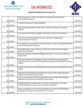 CONTACT: Mahesh Pala (+91 – 9603999243)
MAIL ID: sakinformatics@gmail.com
SAK INFORMATICS
POWER ELECTRONICS 2014-15 Project List
55 SAKPE55
SVM Procedure for n-Phase VSI With Low Harmonic Distortion in the
Overmodulation Region
2014-2015
56 SAKPE56
A Hybrid Symmetrical Voltage Multiplier
2014-2015
57 SAKPE57
Polynomial Implementation of the Taylor–Fourier Transform for Harmonic
Analysis
2014-2015
58 SAKPE58
Low Distortion Switching Amplifier With Discrete-Time Click Modulation
2014-2015
59 SAKPE59
A Nine-Level Grid-Connected Converter Topology for Single-Phase
Transformerless PV Systems
2014-2015
60 SAKPE60
Noise Reduction in the Spherical Harmonic Domain Using a Tradeoff Beamformer
and Narrowband DOA Estimates
2014-2015
61 SAKPE61
Decoupled Vector Control Scheme for Dual Three-Phase Permanent Magnet
Synchronous Machines 2014-2015
62 SAKPE62
Harmonic Reduction Method for a Single-Phase DC–AC Converter Without an
Output Filter
2014-2015
63 SAKPE63
Dissonance Reduction In Polyphonic Audio Using Harmonic Reorganization
Single Power-Conversion LED Backlight Driving System With High Power Factor
Control
2014-2015
64 SAKPE64
Single Power-Conversion LED Backlight Driving System With High Power Factor
Control
2014-2015
65 SAKPE65
High Step-Up High-Efficiency Interleaved Converter With Voltage Multiplier
Module for Renewable Energy System 2014-2015
66 SAKPE66
Analysis and Design of Grid-Connected Photovoltaic Systems With Multiple-
Integrated Converters and a Pseudo-DC-Link Inverter
2014-2015
67 SAKPE67
Weighted-Efficiency Enhancement Control for a Photovoltaic AC module
Interleaved Flyback Inverter using a Synchronous Rectifier.
2014-2015
68 SAKPE68
Analysis and Design of Grid-Connected Photovoltaic Systems With Multiple-
Integrated Converters and a Pseudo-DC-Link Inverter
2014-2015
 