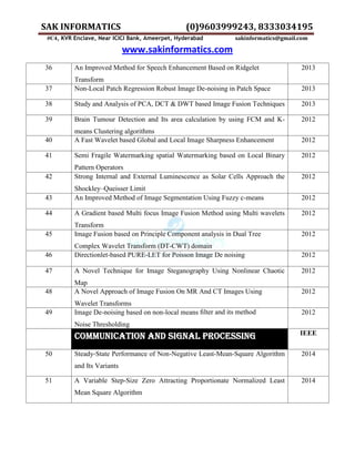 SAK INFORMATICS (0)9603999243, 8333034195
#C4, KVR Enclave, Near ICICI Bank, Ameerpet, Hyderabad sakinformatics@gmail.com
www.sakinformatics.com
36 An Improved Method for Speech Enhancement Based on Ridgelet
Transform
2013
37 Non-Local Patch Regression Robust Image De-noising in Patch Space 2013
38 Study and Analysis of PCA, DCT & DWT based Image Fusion Techniques 2013
39 Brain Tumour Detection and Its area calculation by using FCM and K-
means Clustering algorithms
2012
40 A Fast Wavelet based Global and Local Image Sharpness Enhancement 2012
41 Semi Fragile Watermarking spatial Watermarking based on Local Binary
Pattern Operators
2012
42 Strong Internal and External Luminescence as Solar Cells Approach the
Shockley–Queisser Limit
2012
43 An Improved Method of Image Segmentation Using Fuzzy c-means 2012
44 A Gradient based Multi focus Image Fusion Method using Multi wavelets
Transform
2012
45 Image Fusion based on Principle Component analysis in Dual Tree
Complex Wavelet Transform (DT-CWT) domain
2012
46 Directionlet-based PURE-LET for Poisson Image De noising 2012
47 A Novel Technique for Image Steganography Using Nonlinear Chaotic
Map
2012
48 A Novel Approach of Image Fusion On MR And CT Images Using
Wavelet Transforms
2012
49 Image De-noising based on non-local means ﬁlter and its method
Noise Thresholding
2012
COMMUNICATION AND SIGNAL PROCESSING IEEE
50 Steady-State Performance of Non-Negative Least-Mean-Square Algorithm
and Its Variants
2014
51 A Variable Step-Size Zero Attracting Proportionate Normalized Least
Mean Square Algorithm
2014
 