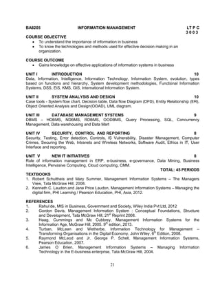 BA8205 INFORMATION MANAGEMENT LT P C 
21 
3 0 0 3 
COURSE OBJECTIVE 
 To understand the importance of information in business 
 To know the technologies and methods used for effective decision making in an 
organization. 
COURSE OUTCOME 
 Gains knowledge on effective applications of information systems in business 
UNIT I INTRODUCTION 10 
Data, Information, Intelligence, Information Technology, Information System, evolution, types 
based on functions and hierarchy, System development methodologies, Functional Information 
Systems, DSS, EIS, KMS, GIS, International Information System. 
UNIT II SYSTEM ANALYSIS AND DESIGN 10 
Case tools - System flow chart, Decision table, Data flow Diagram (DFD), Entity Relationship (ER), 
Object Oriented Analysis and Design(OOAD), UML diagram. 
UNIT III DATABASE MANAGEMENT SYSTEMS 9 
DBMS – HDBMS, NDBMS, RDBMS, OODBMS, Query Processing, SQL, Concurrency 
Management, Data warehousing and Data Mart 
UNIT IV SECURITY, CONTROL AND REPORTING 8 
Security, Testing, Error detection, Controls, IS Vulnerability, Disaster Management, Computer 
Crimes, Securing the Web, Intranets and Wireless Networks, Software Audit, Ethics in IT, User 
Interface and reporting. 
UNIT V NEW IT INITIATIVES 8 
Role of information management in ERP, e-business, e-governance, Data Mining, Business 
Intelligence, Pervasive Computing, Cloud computing, CMM. 
TOTAL: 45 PERIODS 
TEXTBOOKS 
1. Robert Schultheis and Mary Summer, Management Information Systems – The Managers 
View, Tata McGraw Hill, 2008. 
2. Kenneth C. Laudon and Jane Price Laudon, Management Information Systems – Managing the 
digital firm, PHI Learning / Pearson Education, PHI, Asia, 2012. 
REFERENCES 
1. Rahul de, MIS in Business, Government and Society, Wiley India Pvt Ltd, 2012 
2. Gordon Davis, Management Information System : Conceptual Foundations, Structure 
and Development, Tata McGraw Hill, 21st Reprint 2008. 
3. Haag, Cummings and Mc Cubbrey, Management Information Systems for the 
Information Age, McGraw Hill, 2005. 9th edition, 2013. 
4. Turban, McLean and Wetherbe, Information Technology for Management – 
Transforming Organisations in the Digital Economy, John Wiley, 6th Edition, 2008. 
5. Raymond McLeod and Jr. George P. Schell, Management Information Systems, 
Pearson Education, 2007. 
6. James O Brien, Management Information Systems – Managing Information 
Technology in the E-business enterprise, Tata McGraw Hill, 2004. 
 