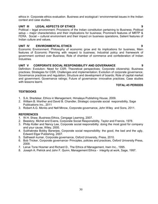 ethics in Corporate ethics evaluation. Business and ecological / environmental issues in the Indian 
context and case studies. 
UNIT III LEGAL ASPECTS OF ETHICS 9 
Political – legal environment; Provisions of the Indian constitution pertaining to Business; Political 
setup – major characteristics and their implications for business; Prominent features of MRTP & 
FERA. Social – cultural environment and their impact on business operations, Salient features of 
Indian culture and values. 
UNIT IV ENVIRONMENTAL ETHICS 9 
Economic Environment; Philosophy of economic grow and its implications for business, Main 
features of Economic Planning with respect to business; Industrial policy and framework of 
government contract over Business; Role of chamber of commerce and confederation of Indian 
Industries. 
UNIT V CORPORATE SOCIAL RESPONSIBILITY AND GOVERNANCE 9 
Definition- Evolution- Need for CSR; Theoretical perspectives; Corporate citizenship; Business 
practices; Strategies for CSR; Challenges and implementation; Evolution of corporate governance; 
Governance practices and regulation; Structure and development of boards; Role of capital market 
and government; Governance ratings; Future of governance- innovative practices; Case studies 
with lessons learnt. 
30 
TOTAL:45 PERIODS 
TEXTBOOKS 
1. S.A. Sherlekar, Ethics in Management, Himalaya Publishing House, 2009. 
2. William B. Werther and David B. Chandler, Strategic corporate social responsibility, Sage 
Publications Inc., 2011 
3. Robert A.G. Monks and Nell Minow, Corporate governance, John Wiley and Sons, 2011. 
REFERENCES 
1. W.H. Shaw, Business Ethics, Cengage Learning, 2007. 
2. Beeslory, Michel and Evens, Corporate Social Responsibility, Taylor and Francis, 1978. 
3. Philip Kotler and Nancy Lee, Corporate social responsibility: doing the most good for company 
and your cause, Wiley, 2005. 
4. Subhabrata Bobby Banerjee, Corporate social responsibility: the good, the bad and the ugly, 
Edward Elgar Publishing, 2007. 
5. Satheesh kumar, Corporate governance, Oxford University, Press, 2010. 
6. Bob Tricker, Corporate governance- Principles, policies and practices, Oxford University Press, 
2009. 
7. Larue Tone Hosmer and Richard D., The Ethics of Management, Irwin Inc., 1995. 
8. Joseph A. Petrick and John F. Quinn, Management Ethics - integrity at work, Sage, 1997. 
 