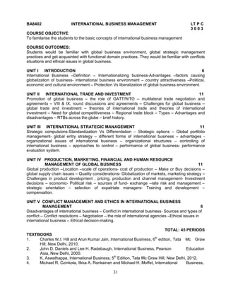 BA8402 INTERNATIONAL BUSINESS MANAGEMENT LT P C 
31 
3 0 0 3 
COURSE OBJECTIVE: 
To familarise the students to the basic concepts of international business management 
COURSE OUTCOMES: 
Students would be familiar with global business environment, global strategic management 
practices and get acquainted with functional domain practices. They would be familiar with conflicts 
situations and ethical issues in global business. 
UNIT I INTRODUCTION 6 
International Business –Definition – Internationalizing business-Advantages –factors causing 
globalization of business- international business environment – country attractiveness –Political, 
economic and cultural environment – Protection Vs liberalization of global business environment. 
UNIT II INTERNATIONAL TRADE AND INVESTMENT 11 
Promotion of global business – the role of GATT/WTO – multilateral trade negotiation and 
agreements – VIII & IX, round discussions and agreements – Challenges for global business – 
global trade and investment – theories of international trade and theories of international 
investment – Need for global competitiveness – Regional trade block – Types – Advantages and 
disadvantages – RTBs across the globe – brief history. 
UNIT III INTERNATIONAL STRATEGIC MANAGEMENT 11 
Strategic compulsions-Standardization Vs Differentiation – Strategic options – Global portfolio 
management- global entry strategy – different forms of international business – advantages - 
organizational issues of international business – organizational structures – controlling of 
international business – approaches to control – performance of global business- performance 
evaluation system. 
UNIT IV PRODUCTION, MARKETING, FINANCIAL AND HUMAN RESOURCE 
MANAGEMENT OF GLOBAL BUSINESS 11 
Global production –Location –scale of operations- cost of production – Make or Buy decisions – 
global supply chain issues – Quality considerations- Globalization of markets, marketing strategy – 
Challenges in product development , pricing, production and channel management- Investment 
decisions – economic- Political risk – sources of fund- exchange –rate risk and management – 
strategic orientation – selection of expatriate managers- Training and development – 
compensation. 
UNIT V CONFLICT MANAGEMENT AND ETHICS IN INTERNATIONAL BUSINESS 
MANAGEMENT 6 
Disadvantages of international business – Conflict in international business- Sources and types of 
conflict – Conflict resolutions – Negotiation – the role of international agencies –Ethical issues in 
international business – Ethical decision-making. 
TOTAL: 45 PERIODS 
TEXTBOOKS 
1. Charles W.I. Hill and Arun Kumar Jain, International Business, 6th edition, Tata Mc Graw 
Hill, New Delhi, 2010. 
2. John D. Daniels and Lee H. Radebaugh, International Business, Pearson Education 
Asia, New Delhi, 2000. 
3. K. Aswathappa, International Business, 5th Edition, Tata Mc Graw Hill, New Delhi, 2012. 
4. Michael R. Czinkota, Ilkka A. Ronkainen and Michael H. Moffet, International Business, 
 