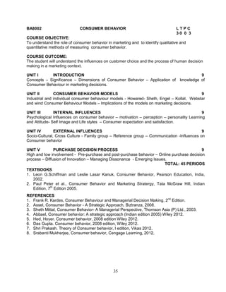 BA8002 CONSUMER BEHAVIOR L T P C 
35 
3 0 0 3 
COURSE OBJECTIVE: 
To understand the role of consumer behavior in marketing and to identify qualitative and 
quantitative methods of measuring consumer behavior. 
COURSE OUTCOME: 
The student will understand the influences on customer choice and the process of human decision 
making in a marketing context. 
UNIT I INTRODUCTION 9 
Concepts – Significance – Dimensions of Consumer Behavior – Application of knowledge of 
Consumer Behaviour in marketing decisions. 
UNIT II CONSUMER BEHAVIOR MODELS 9 
Industrial and individual consumer behaviour models - Howared- Sheth, Engel – Kollat, Webstar 
and wind Consumer Behaviour Models – Implications of the models on marketing decisions. 
UNIT III INTERNAL INFLUENCES 9 
Psychological Influences on consumer behavior – motivation – perception – personality Learning 
and Attitude- Self Image and Life styles – Consumer expectation and satisfaction. 
UNIT IV EXTERNAL INFLUENCES 9 
Socio-Cultural, Cross Culture - Family group – Reference group – Communication -Influences on 
Consumer behavior 
UNIT V PURCHASE DECISION PROCESS 9 
High and low involvement - Pre-purchase and post-purchase behavior – Online purchase decision 
process – Diffusion of Innovation – Managing Dissonance - Emerging Issues. 
TOTAL: 45 PERIODS 
TEXTBOOKS 
1. Leon G.Schiffman and Leslie Lasar Kanuk, Consumer Behavior, Pearson Education, India, 
2002. 
2. Paul Peter et al., Consumer Behavior and Marketing Stratergy, Tata McGraw Hill, Indian 
Edition, 7th Edition 2005. 
REFERENCES 
1. Frank R. Kardes, Consumer Behaviour and Managerial Decision Making, 2nd Edition. 
2. Assel, Consumer Behavior - A Strategic Approach, Biztranza, 2008. 
3. Sheth Mittal, Consumer Behavior- A Managerial Perspective, Thomson Asia (P) Ltd., 2003. 
4. Abbael, Consumer behavior: A strategic approach (Indian edition 2005) Wiley 2012. 
5. Hed, Hoyer. Consumer behavior, 2008 edition Wiley 2012. 
6. Das Gupta. Consumer behavior, 2008 edition, Wiley 2012. 
7. Shri Prakash. Theory of Consumer behavior, I edition, Vikas 2012. 
8. Srabanti Mukherjee, Consumer behavior, Cengage Learning, 2012. 
 