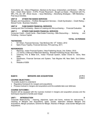 Consultants, etc. - Role of Registrars –Bankers to the Issue, Underwriters, and Brokers. – Offer for 
Sale – Green Shoe Option – E-IPO, Private Placement – Bought out Deals – Placement with FIs, 
MFs, FIIs, etc. Off - Shore Issues. – Issue Marketing – Advertising Strategies – NRI Marketing – 
Post Issue Activities. 
UNIT III OTHER FEE BASED SERVICES 10 
Mergers and Acquisitions – Portfolio Management Services – Credit Syndication – Credit Rating – 
Mutual Funds - Business Valuation. 
UNIT IV FUND BASED FINANCIAL SERVICES 10 
Leasing and Hire Purchasing – Basics of Leasing and Hire purchasing – Financial Evaluation. 
UNIT V OTHER FUND BASED FINANCIAL SERVICES 8 
Consumer Credit – Credit Cards – Real Estate Financing – Bills Discounting – factoring and 
Forfaiting – Venture Capital. 
52 
TOTAL: 45 PERIODS 
TEXTBOOKS 
1. M.Y.Khan, Financial Services, Tata McGraw-Hill, 12th Edition, 2012 
2. Nalini Prava Tripathy, Financial Services, PHI Learning, 2011. 
REFERENCES: 
1. Machiraju, Indian Financial System, Vikas Publishing House, 2nd Edition, 2010. 
2. J.C.Verma, A Manual of Merchant Banking, Bharath Publishing House, New Delhi, 
3. Varshney P.N. & Mittal D.K., Indian Financial System, Sultan Chand & Sons, New 
Delhi. 
4. Sasidharan, Financial Services and System, Tata Mcgraw Hill, New Delhi, 2nd Edition, 
2011. 
5. Website of SEBI 
BA8018 MERGERS AND ACQUISITIONS LT P C 
3 0 0 3 
COURSE OBJECTIVES : 
To enable student to understand 
 Regulatory framework for mergers and acquisitions 
 Process involved in mergers and acquisitions and the available take over defenses 
COURSE OUTCOMES : 
Student will be equipped with the nuances involved in mergers and acquisition process and the 
techniques required to handle post merger 
UNIT I INTRODUCTION 9 
Corporate Restructuring – meaning, objectives, types and forms, motives for restructuring – 
meaning of Mergers and Acquisitions, types, causes, distinction between Mergers and 
Acquisitions, Merger procedure, Scheme for Merger, theories of Merger, cross border Mergers and 
Acquisitions. 
 