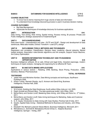 BA8033 DATAMINING FOR BUSINESS INTELLIGENCE LT P C 
68 
2 0 2 3 
COURSE OBJECTIVE 
 To know how to derive meaning form huge volume of data and information 
 To understand how knowledge discovering process is used in business decision making 
COURSE OUTCOMES 
 Big Data Management 
 Appreciate the techniques of knowledge discovery for business applications 
UNIT I INTRODUCTION 6+6 
Data mining, Text mining, Web mining, Spatial mining, Process mining, BI process- Private and 
Public intelligence, Strategic assessment of implementing BI 
UNIT II DATA WAREHOUSING 6+6 
Data ware house – characteristics and view - OLTP and OLAP - Design and development of data 
warehouse, Meta data models, Extract/ Transform / Load (ETL) design 
UNIT III DATA MINING TOOLS, METHODS AND TECHNIQUES 6+6 
Regression and correlation; Classification- Decision trees; clustering –Neural networks; Market 
basket analysis- Association rules-Genetic algorithms and link analysis, Support Vector Machine, 
Ant Colony Optimization 
UNIT IV MODERN INFORMATION TECHNOLOGY AND ITS BUSINESS 
OPPORTUNITIES 6+6 
Business intelligence software, BI on web, Ethical and legal limits, Industrial espionage, modern 
techniques of crypto analysis, managing and organizing for an effective BI Team. 
UNIT V BI AND DATA MINING APPLICATIONS 6+6 
Applications in various sectors – Retailing, CRM, Banking, Stock Pricing, Production, Crime, 
Genetics, Medical, Pharmaceutical. 
TOTAL: 60 PERIODS 
TEXTBOOKS 
1. Jaiwei Ham and Micheline Kamber, Data Mining concepts and techniques, Kauffmann 
Publishers 2006 
2. Efraim Turban, Ramesh Sharda, Jay E. Aronson and David King, Business 
Intelligence, Prentice Hall, 2008. 
REFERENCES 
1. W.H.Inmon, Building the Data Warehouse, fourth edition Wiley India pvt. Ltd. 2005. 
2. Ralph Kimball and Richard Merz, The data warehouse toolkit, John Wiley, 2005. 
3. Michel Berry and Gordon Linoff, Mastering Data mining, John Wiley and Sons Inc 2nd Edition, 
2011 
4. Michel Berry and Gordon Linoff, Data mining techniques for Marketing, Sales and Customer 
support, John Wiley, 2011 
5. G. K. Gupta, Ïntroduction to Data mining with Case Studies, Prentice hall of India, 2011 
6. Giudici, Applied Data mining – Statistical Methods for Business and Industry, John Wiley. 
2009 
7. Elizabeth Vitt, Michael Luckevich Stacia Misner, Business Intelligence, Microsoft, 2011 
8. Michalewicz Z., Schmidt M. Michalewicz M and Chiriac C, Adaptive Business 
Intelligence, Springer – Verlag, 2007 
 
