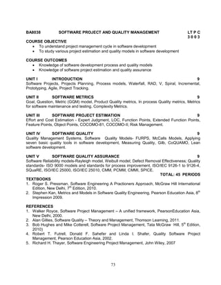 BA8038 SOFTWARE PROJECT AND QUALITY MANAGEMENT LT P C 
73 
3 0 0 3 
COURSE OBJECTIVE 
 To understand project management cycle in software development 
 To study various project estimation and quality models in software development 
COURSE OUTCOMES 
 Knowledge of software development process and quality models 
 Knowledge of software project estimation and quality assurance 
UNIT I INTRODUCTION 9 
Software Projects, Projects Planning, Process models, Waterfall, RAD, V, Spiral, Incremental, 
Prototyping, Agile, Project Tracking. 
UNIT II SOFTWARE METRICS 9 
Goal, Question, Metric (GQM) model, Product Quality metrics, In process Quality metrics, Metrics 
for software maintenance and testing, Complexity Metrics. 
UNIT III SOFTWARE PROJECT ESTIMATION 9 
Effort and Cost Estimation - Expert Judgment, LOC, Function Points, Extended Function Points, 
Feature Points, Object Points, COCOMO-81, COCOMO-II; Risk Management. 
UNIT IV SOFTWARE QUALITY 9 
Quality Management Systems, Software Quality Models- FURPS, McCalls Models, Applying 
seven basic quality tools in software development, Measuring Quality, Gilb, CoQUAMO, Lean 
software development. 
UNIT V SOFTWARE QUALITY ASSURANCE 9 
Software Reliability models-Rayleigh model, Weibull model; Defect Removal Effectiveness; Quality 
standards- ISO 9000 models and standards for process improvement, ISO/IEC 9126-1 to 9126-4, 
SQuaRE, ISO/IEC 25000, ISO/IEC 25010, CMM, PCMM, CMMI, SPICE. 
TOTAL: 45 PERIODS 
TEXTBOOKS 
1. Roger S. Pressman, Software Engineering A Practioners Approach, McGraw Hill International 
Edition, New Delhi, 7th Edition, 2010. 
2. Stephen Kan, Metrics and Models in Software Quality Engineering, Pearson Education Asia, 8th 
Impression 2009. 
REFERENCES 
1. Walker Royce, Software Project Management – A unified framework, PearsonEducation Asia, 
New Delhi, 2000. 
2. Alan Gillies, Software Quality – Theory and Management, Thomson Learning, 2011. 
3. Bob Hughes and Mike Cotterell, Software Project Management, Tata McGraw Hill, 5th Edition, 
2010) 
4. Robert T. Futrell, Donald F. Sahefer and Linda I. Shafer, Quality Software Project 
Management, Pearson Education Asia, 2002. 
5. Richard H. Thayer, Software Engineering Project Management, John Wiley, 2007 
 