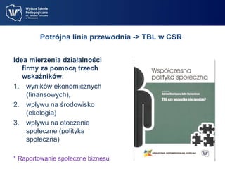 Potrójna linia przewodnia -> TBL w CSR 
Idea mierzenia działalności 
firmy za pomocą trzech 
wskaźników: 
1. wyników ekonomicznych 
(finansowych), 
2. wpływu na środowisko 
(ekologia) 
3. wpływu na otoczenie 
społeczne (polityka 
społeczna) 
* Raportowanie społeczne biznesu 
 