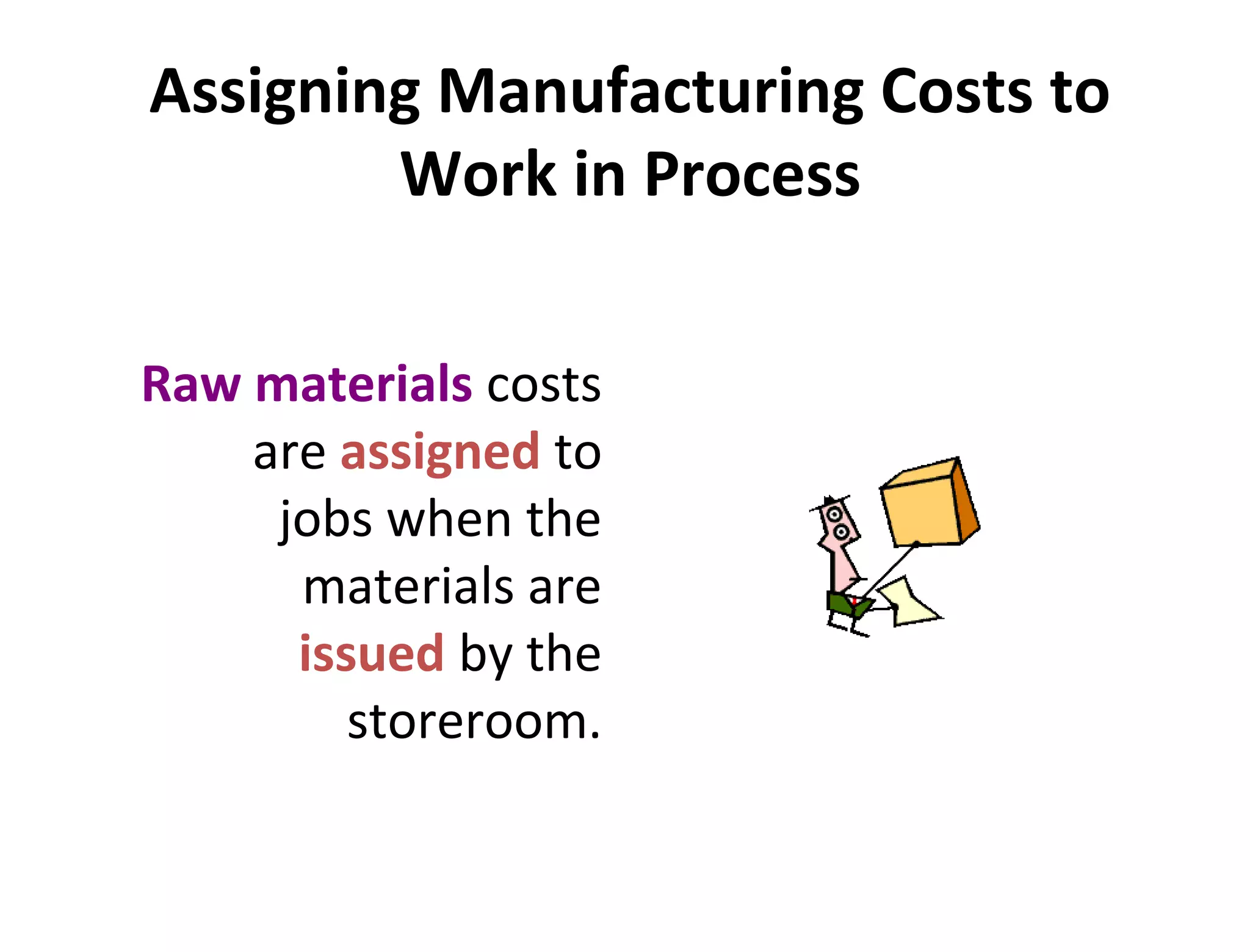 Assigning Manufacturing Costs to 
Work in Process 
Raw materials costs 
are assigned to 
jobs when the 
materials are 
issued by the 
storeroom. 
 