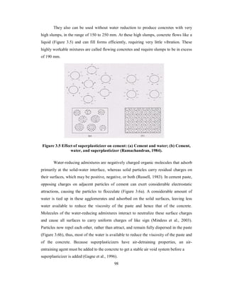 They also can be used without water reduction to produce concretes with very 
high slumps, in the range of 150 to 250 mm. At these high slumps, concrete flows like a 
liquid (Figure 3.5) and can fill forms efficiently, requiring very little vibration. These 
highly workable mixtures are called flowing concretes and require slumps to be in excess 
of 190 mm. 
Figure 3.5 Effect of superplasticizer on cement: (a) Cement and water; (b) Cement, 
water, and superplasticizer (Ramachandran, 1984). 
Water-reducing admixtures are negatively charged organic molecules that adsorb 
primarily at the solid-water interface, whereas solid particles carry residual charges on 
their surfaces, which may be positive, negative, or both (Russell, 1983). In cement paste, 
opposing charges on adjacent particles of cement can exert considerable electrostatic 
attractions, causing the particles to flocculate (Figure 3.6a). A considerable amount of 
water is tied up in these agglomerates and adsorbed on the solid surfaces, leaving less 
water available to reduce the viscosity of the paste and hence that of the concrete. 
Molecules of the water-reducing admixtures interact to neutralize these surface charges 
and cause all surfaces to carry uniform charges of like sign (Mindess et al., 2003). 
Particles now repel each other, rather than attract, and remain fully dispersed in the paste 
(Figure 3.6b), thus, most of the water is available to reduce the viscosity of the paste and 
of the concrete. Because superplasticizers have air-detraining properties, an air-entraining 
agent must be added to the concrete to get a stable air void system before a 
superplasticizer is added (Gagne et al., 1996). 
98 
 