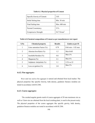 Table 6.1. Physical properties of Cement 
Specific Gravity of Cement 3.03 
Initial Setting time Min. 30 min 
Final Setting time Max. 600 min 
Normal Consistency 31% 
Compressive Strength 54.7 N/mm2 
Table 6.2.Chemical compositions of Cement as per manufacturers test report 
S.No Chemical property Results Limits as per IS 
1 Lime saturation Factor (%) 0.78 0.66 min - 1.02 max 
2 Alumina Iron Ratio (%) 1.2 Min 0.665 
3 Insoluble Residue (%) 0.8 Max 2% 
4 Magnesia (%) 2.1 Max 6% 
5 Sulphuric Anhydride (%) 1.1 2.5% to 35 
6 Loss on ignition (%) 2.0 Max 5% 
6.4.2. Fine aggregate: 
River sand was used as fine aggregate is natural and obtained from local market. The 
physical properties like specific Gravity, bulk density, gradation fineness modulus are 
tested in accordance with IS 2386. 
6.4.3. Coarse aggregate: 
The crushed angular granite metal of coarse aggregate of 20 mm maximum size as 
well as 12mm size are obtained from the local crushing plant, is used in the present study. 
The physical properties of the coarse aggregate like specific gravity, bulk density, 
gradation fineness modulus are tested in accordance with IS 2386. 
146 
 