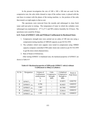 In the present investigation the size of 100 x 100 x 100 mm are used. In the 
compressive test, the cube while cleaned to wipe of the surface water, is placed with the 
cast faces in contact with the planes of the testing machine, i.e. the position of the cube 
then tested is at right angles to that as cast. 
The specimens were removed from the moulds and submerged in clean fresh 
water until just prior to testing. The temperature of water in which the cylinders were 
submerged was maintained at 27o C+2o C and 90% relative humidity for 24 hours. The 
specimens were cured for 28 days. 
6.13. Tests of GFRSCC with and Without Confinement in Hardened State: 
1. Compressive strength tests were carried out on cubes of 100 mm size using a 
compression testing machine of 1000 kN capacity as per IS 516:1959. 
2. The cylinders which were capped, were tested in compression using 1000kN 
capacity computer controlled UTM under strain rate control as per IS 516:1959 
to get the stress strain characteristics. 
3. Rate of Strain is 0.02mm/sec. 
After testing GFRSCC in hardened state, the hardened properties of GFRSCC are 
shown in Table 6.9 
Table 6.9. Hardened properties of M50 grade GFRSCC with & without 
Confinement at 28days (Cylinder): 
Sl. No Designation Volume of 
Confinement 
reinforcement 
% 
Cube 
Compressive 
Strength 
MPa 
Cylindrical 
Compressive 
Strength in 
MPa 
Strain at 
Peak Stress 
1 GFSCC p 0 - 43.0072 0.002792 
2 GFRSCC (3R) 0.798 - 46.4025 0.002933 
3 GFRSCC (4R) 1.062 - 49.7980 0.003667 
4 GFRSCC (5R) 1.327 - 52.0614 0.004333 
5 GFRSCC (6R) 1.591 - 57.7202 0.004833 
153 
 