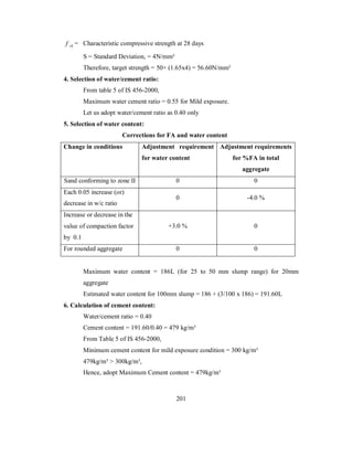 f ck = Characteristic compressive strength at 28 days 
S = Standard Deviation, = 4N/mm² 
Therefore, target strength = 50+ (1.65x4) = 56.60N/mm² 
4. Selection of water/cement ratio: 
From table 5 of IS 456-2000, 
Maximum water cement ratio = 0.55 for Mild exposure. 
Let us adopt water/cement ratio as 0.40 only 
5. Selection of water content: 
Corrections for FA and water content 
Change in conditions Adjustment requirement 
for water content 
Adjustment requirements 
for %FA in total 
aggregate 
Sand conforming to zone II 0 0 
Each 0.05 increase (or) 
decrease in w/c ratio 
0 -4.0 % 
Increase or decrease in the 
value of compaction factor 
by 0.1 
+3.0 % 0 
For rounded aggregate 0 0 
Maximum water content = 186L (for 25 to 50 mm slump range) for 20mm 
aggregate 
Estimated water content for 100mm slump = 186 + (3/100 x 186) = 191.60L 
6. Calculation of cement content: 
Water/cement ratio = 0.40 
Cement content = 191.60/0.40 = 479 kg/m³ 
From Table 5 of IS 456-2000, 
Minimum cement content for mild exposure condition = 300 kg/m³ 
479kg/m³ > 300kg/m³, 
Hence, adopt Maximum Cement content = 479kg/m³ 
201 
 