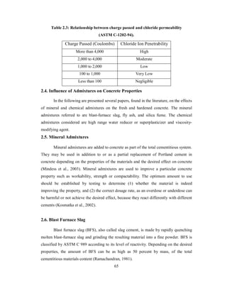 Table 2.3: Relationship between charge passed and chloride permeability 
(ASTM C-1202-94). 
Charge Passed (Coulombs) Chloride Ion Penetrability 
More than 4,000 High 
2,000 to 4,000 Moderate 
1,000 to 2,000 Low 
100 to 1,000 Very Low 
Less than 100 Negligible 
2.4. Influence of Admixtures on Concrete Properties 
In the following are presented several papers, found in the literature, on the effects 
of mineral and chemical admixtures on the fresh and hardened concrete. The mineral 
admixtures referred to are blast-furnace slag, fly ash, and silica fume. The chemical 
admixtures considered are high range water reducer or superplasticizer and viscosity-modifying 
agent. 
2.5. Mineral Admixtures 
Mineral admixtures are added to concrete as part of the total cementitious system. 
They may be used in addition to or as a partial replacement of Portland cement in 
concrete depending on the properties of the materials and the desired effect on concrete 
(Mindess et al., 2003). Mineral admixtures are used to improve a particular concrete 
property such as workability, strength or compactability. The optimum amount to use 
should be established by testing to determine (1) whether the material is indeed 
improving the property, and (2) the correct dosage rate, as an overdose or underdose can 
be harmful or not achieve the desired effect, because they react differently with different 
cements (Kosmatka et al., 2002). 
2.6. Blast Furnace Slag 
Blast furnace slag (BFS), also called slag cement, is made by rapidly quenching 
molten blast-furnace slag and grinding the resulting material into a fine powder. BFS is 
classified by ASTM C 989 according to its level of reactivity. Depending on the desired 
properties, the amount of BFS can be as high as 50 percent by mass, of the total 
cementitious materials content (Ramachandran, 1981). 
65 
 