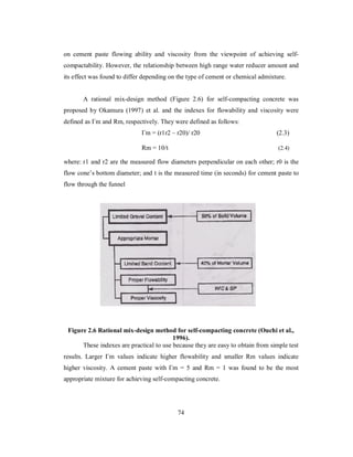 on cement paste flowing ability and viscosity from the viewpoint of achieving self-compactability. 
However, the relationship between high range water reducer amount and 
its effect was found to differ depending on the type of cement or chemical admixture. 
A rational mix-design method (Figure 2.6) for self-compacting concrete was 
proposed by Okamura (1997) et al. and the indexes for flowability and viscosity were 
defined as Γm and Rm, respectively. They were defined as follows: 
Γm = (r1r2 – r20)/ r20 (2.3) 
Rm = 10/t (2.4) 
where: r1 and r2 are the measured flow diameters perpendicular on each other; r0 is the 
flow cone’s bottom diameter; and t is the measured time (in seconds) for cement paste to 
flow through the funnel 
Figure 2.6 Rational mix-design method for self-compacting concrete (Ouchi et al., 
1996). 
These indexes are practical to use because they are easy to obtain from simple test 
results. Larger Γm values indicate higher flowability and smaller Rm values indicate 
higher viscosity. A cement paste with Γm = 5 and Rm = 1 was found to be the most 
appropriate mixture for achieving self-compacting concrete. 
74 
 