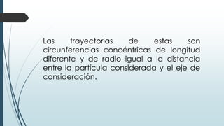Las trayectorias de estas son 
circunferencias concéntricas de longitud 
diferente y de radio igual a la distancia 
entre la partícula considerada y el eje de 
consideración. 
 