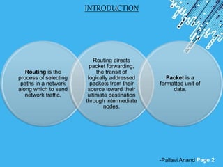 Powerpoint Templates
Page 2
INTRODUCTION
Routing is the
process of selecting
paths in a network
along which to send
network traffic.
Routing directs
packet forwarding,
the transit of
logically addressed
packets from their
source toward their
ultimate destination
through intermediate
nodes.
Packet is a
formatted unit of
data.
-Pallavi Anand
 