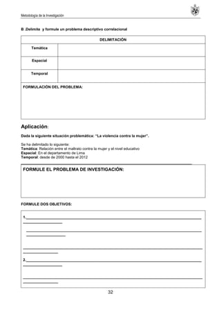 Metodología de la Investigación
32
B .Delimite y formule un problema descriptivo correlacional
DELIMITACIÓN
Temática
Espacial
Temporal
FORMULACIÓN DEL PROBLEMA:
Aplicación:
Dada la siguiente situación problemática: “La violencia contra la mujer”.
Se ha delimitado lo siguiente:
Temática: Relación entre el maltrato contra la mujer y el nivel educativo
Espacial: En el departamento de Lima
Temporal: desde de 2000 hasta el 2012
_____________________________________________________________________
FORMULE EL PROBLEMA DE INVESTIGACIÓN:
FORMULE DOS OBJETIVOS:
1._____________________________________________________________________________________
___________________
_____________________________________________________________________________________
___________________
_______________________________________________________________________________________
_________________
2._____________________________________________________________________________________
___________________
_______________________________________________________________________________________
_________________
 